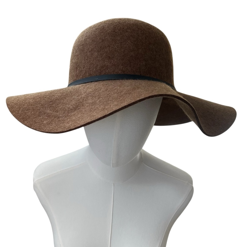 NWOT 100% wool wide brim hat brown with black faux leather band